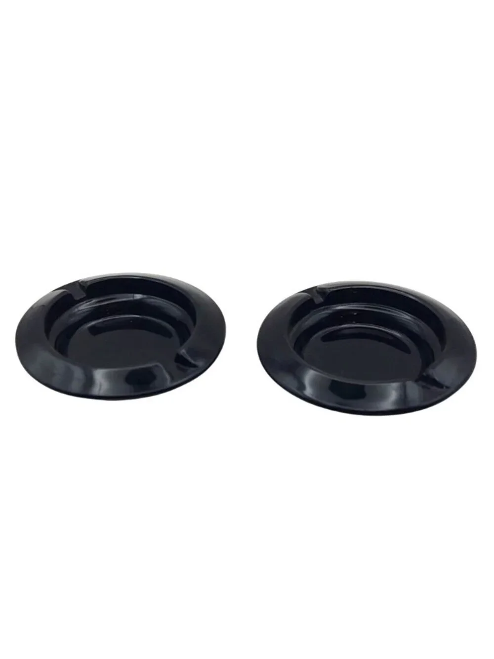 Vintage Round Black Glass Ashtrays Set Of 2 Two-Groove Cigarette Design